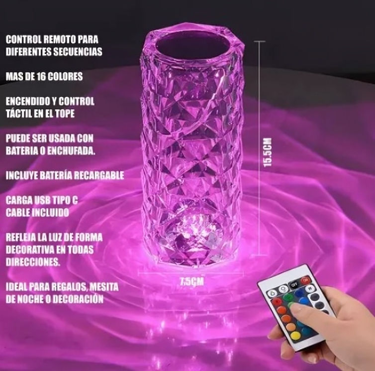 Lámpara Cristal Light Luxury 16 Colores - Sensible al Tacto + Control Remoto